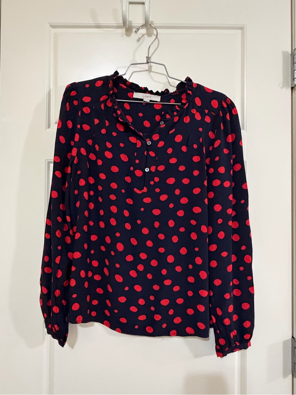 LOFT Navy Blouse with Red Polka Dot Print